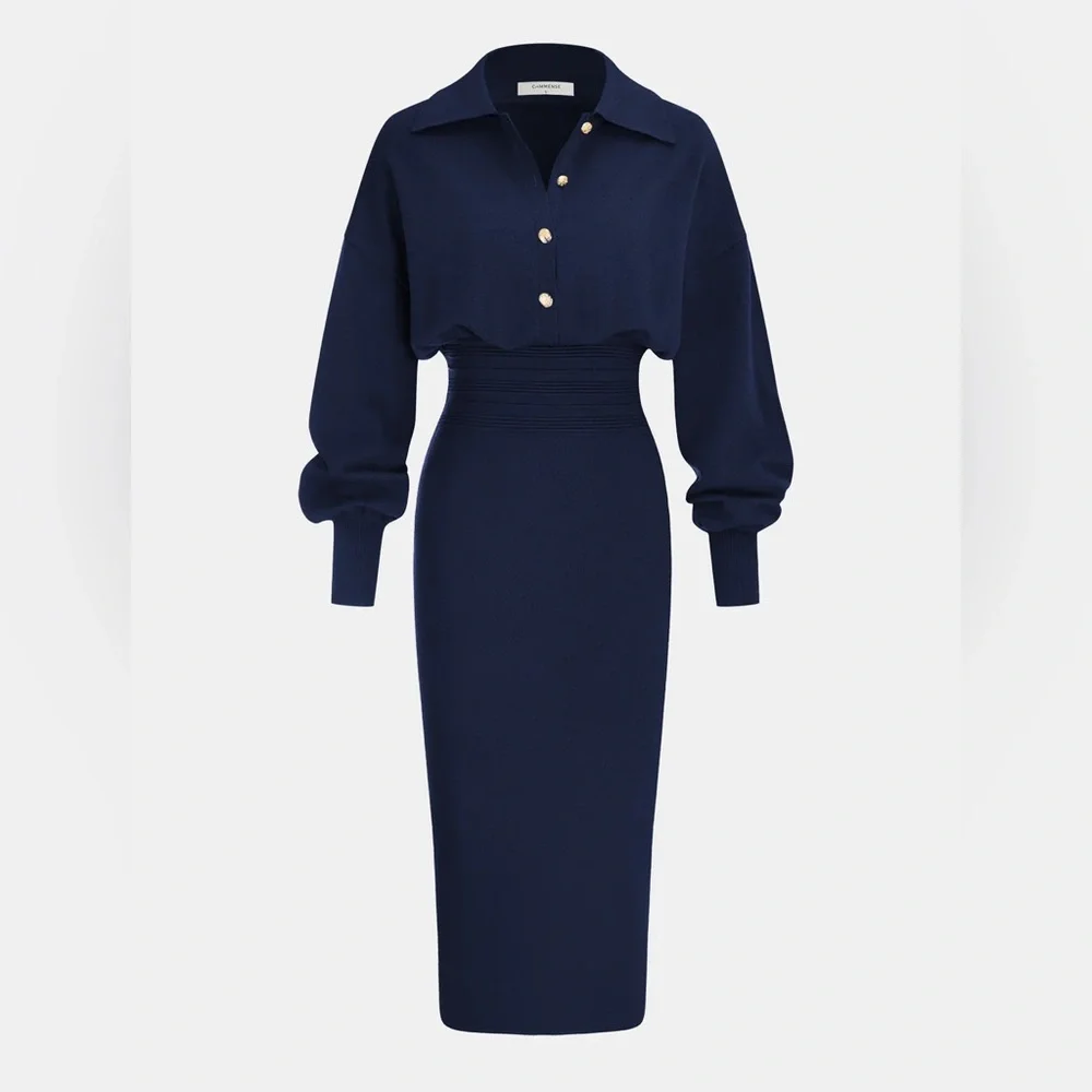 Commense Cinched Waist Knit Shirt Dress - Picture 1 of 5